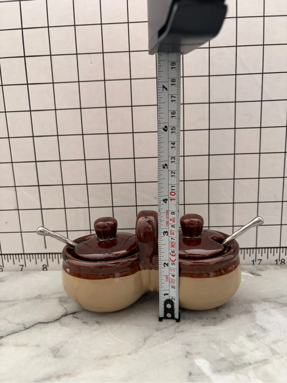 Vintage Brown & Beige Ceramic Double Condiment Jar Set w/ Lids & Spoons